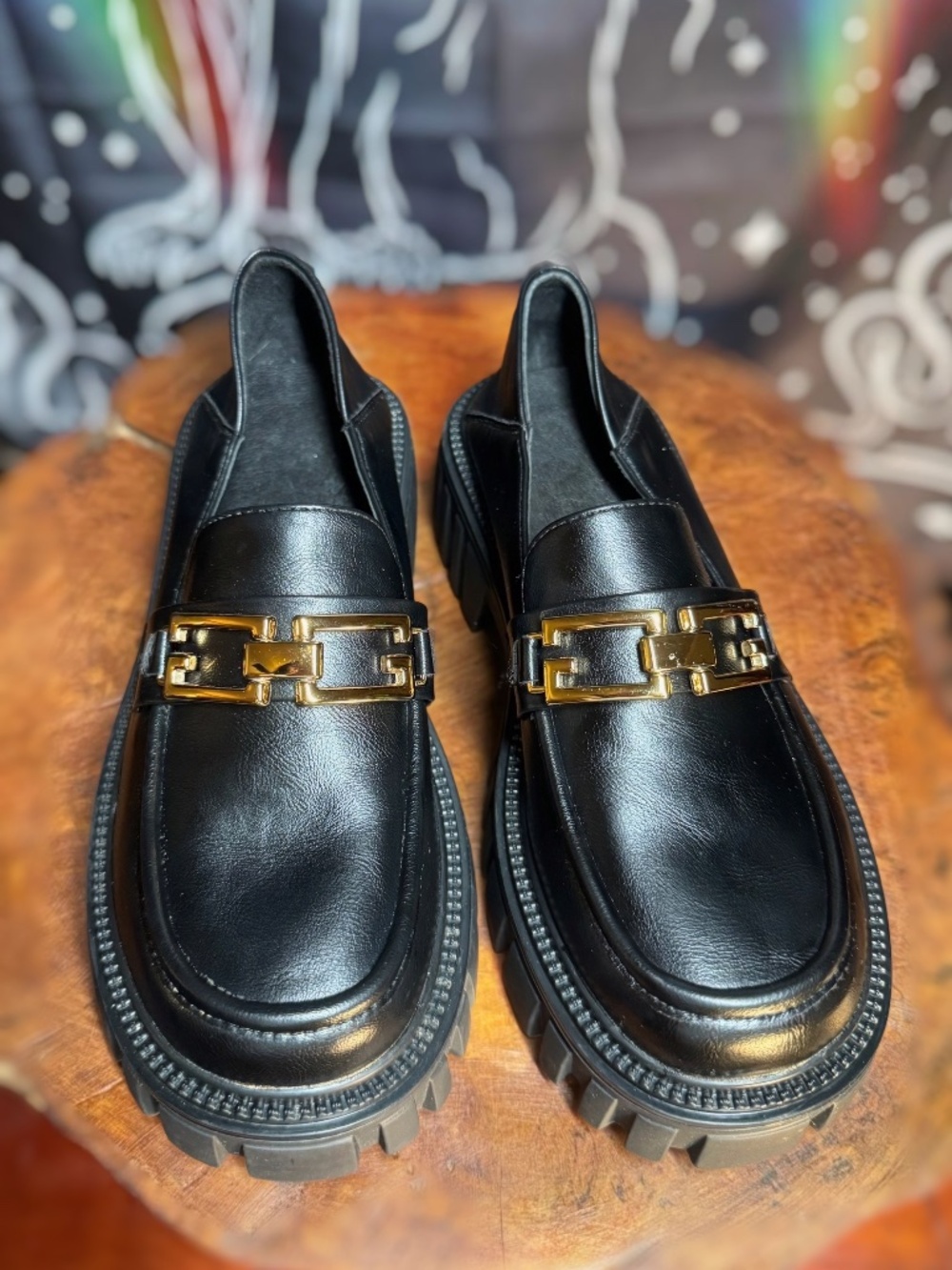 Lattelier Black Lug Sole Chain Loafers Women's 5.5